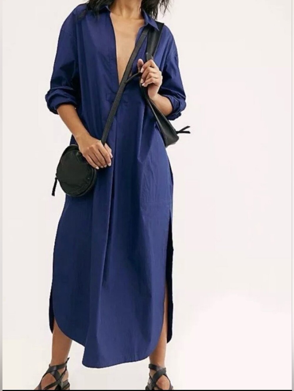Free People Women's Eva Maxi Pullover Shirt Dress Navy Deep V Large Minimalist